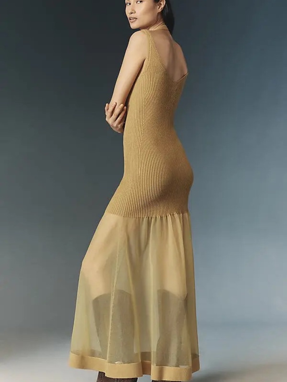 By Anthropologie Sheer Panel Maxi Sweater
Dress Gold S Like New